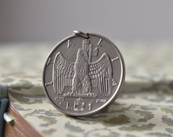 Italy Coin Necklace in Silver Colour. Handmade with a Vintage Italian Coin | 1 Lira, 1939 | Eagle | Silver Colour Pendant | Eco Friendly