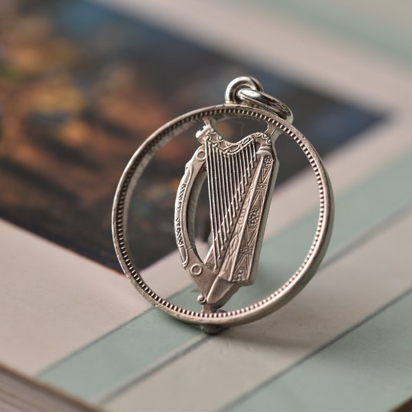 Ireland Cut Coin Necklace. 6 Pingin, 1942-1969 | Handmade with an Irish Coin | Gaelic Harp | Celtic | Silver Colour | Cláirseach | Recycled