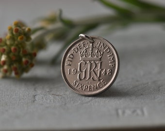UK Coin Pendant. 6 Pence | 1948 | George VI | Handmade Necklace | Silver Colour | Vintage Coin | Britain | British | United Kingdom