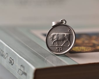 Ireland Coin Necklace. Handmade with an Irish Coin | 5 Pence, 1992-2000 | Bull | Silver Colour | Celtic Pendant | Cúig Phingin | Éire