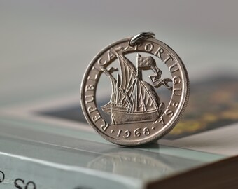 Portugal Cut Coin Necklace. 5 Escudos | Handmade with a Vintage Portuguese Coin |  Silver Colour | Lusitania | Caravel | Recycled | Ecologic