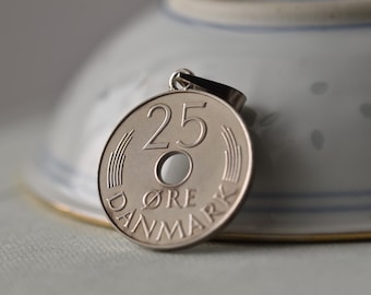 Denmark Coin Necklace. Handcrafted with a Vintage Danish Coin | 25 Øre, 1987 | Handmade | Eco friendly | Recycled | Silver Colour