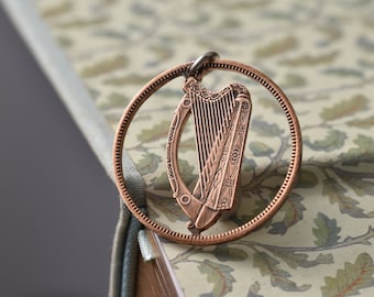 Ireland Cut Coin Necklace | 1940-1968, 1 Pingin | Gaelic Harp | Cláirseach | Bronze | Handmade | Folklore | Éire | Celtic | Irish | Pendant