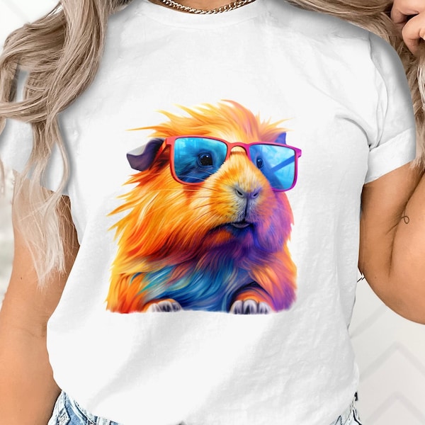 Guinea Pig Shirt Colorful Guinea Pig with sunglasses  T-Shirt Graphic Guinea Pig TShirt Animal Lover Shirt Gift For Guinea Pig Lover