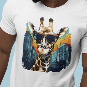 Midjourney AI Giraffe Tshirt, AI Shirts, Giraffenliebhaber T-Shirt, Wildtier T-Shirt, Coole Giraffe mit Sonnenbrille, Big City Giraffe T-Shirt