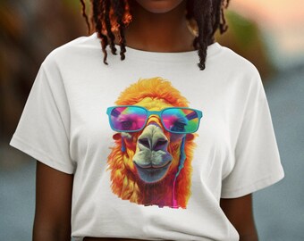 Camel Tshirt Cooles Camel-Shirt Camel mit Sonnenbrille Tier T-Shirt Camel AI T-Shirts Camel T-Shirt buntes Bild Midjourney entworfen