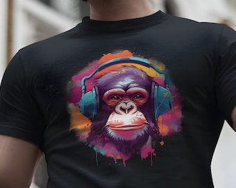 Midjourney techno monkey shirt funky monkey tshirt wild animal tees animal lover t-shirt music festival edm music wild animal t shirts
