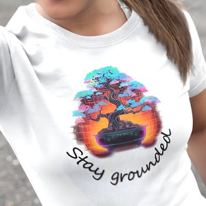 Bonsai tshirt Midjourney shirt japanese shirt Stay Grounded zen tee Unique asian tree bonsai tshirt Rising sun shirt Asian tree neon tshirt