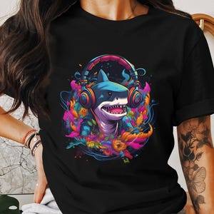 Shark tshirt shark t shirt dj with headphones rave shirt ai designed colorful shark tee graphic tee midjourney ai tshirt funny baby shark
