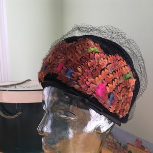 1960s mod black felt veil pheasant feather hat