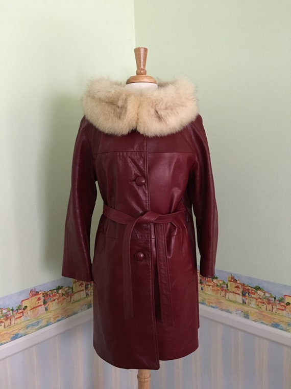 1960s Red Leather Trench Statement Coat with white