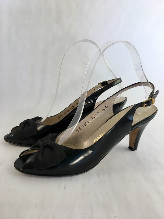 Black leather bow peep toes slingback Ferragamo h… - image 4