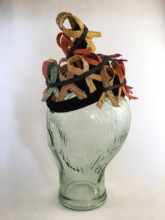Rare, spiral black velour hat with straw decorati… - image 5