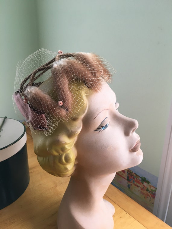 1960s chocolate velour and mink fur hat satin bow