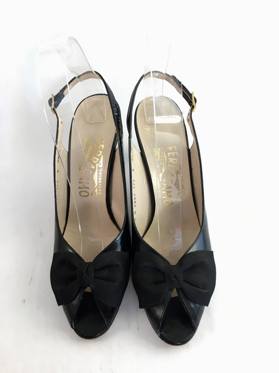 Black leather bow peep toes slingback Ferragamo h… - image 3