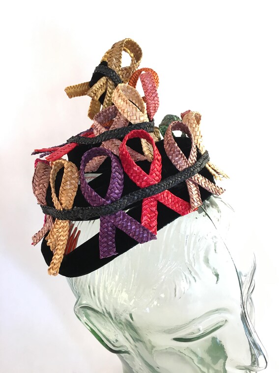 Rare, spiral black velour hat with straw decorati… - image 2