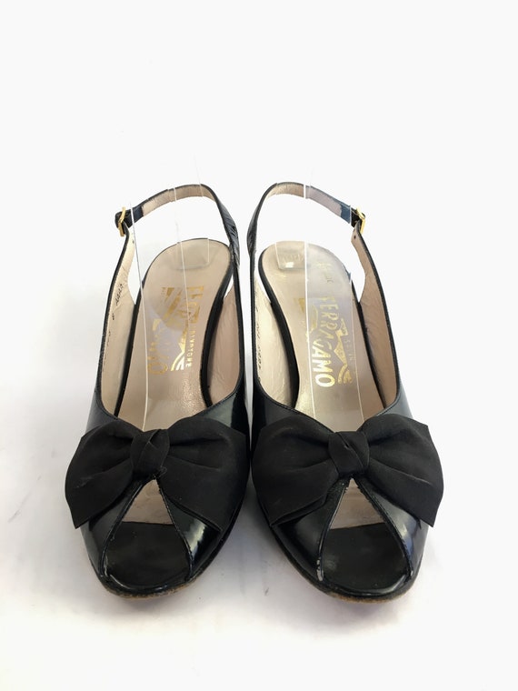 Black leather bow peep toes slingback Ferragamo h… - image 2