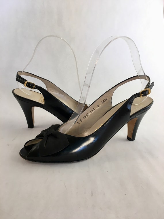 Black leather bow peep toes slingback Ferragamo h… - image 1