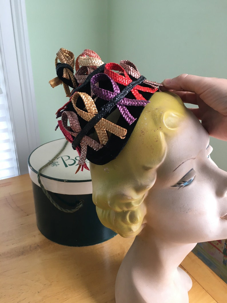 Rare, spiral black velour hat with straw decorative ribbons Louise Madeline image 1