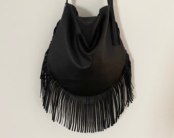 Sac en cuir à franges, sac à main en cuir noir, sac hobo en cuir, sac à bandoulière à franges, sac à main western à franges, sac à main en cuir souple, BBagdesign