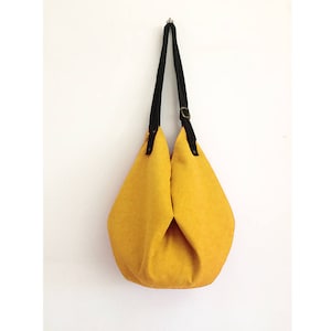 Yellow hobo bag with suede shoulder straps, women tote bag in soft cloth