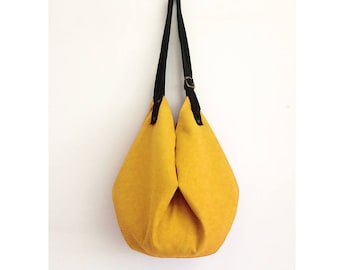 Yellow hobo bag with suede shoulder straps, women tote bag in soft cloth