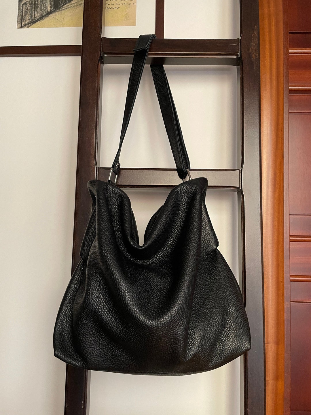 Hobo Bag Leather, Black Leather Purse, Soft Leather Handbag, Leather ...