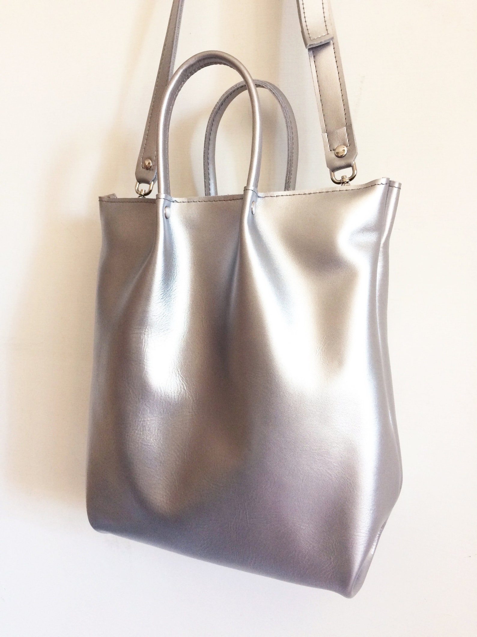 Silver Leather Tote Metallic Leather Bag Silver Tote Bag Etsy