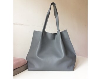 Large leather tote, Grey Leather Bag, Large Shopping Tote, Soft Leather Tote, Leather Shopping Bag, Weekend bag women, Travel Tote Bag
