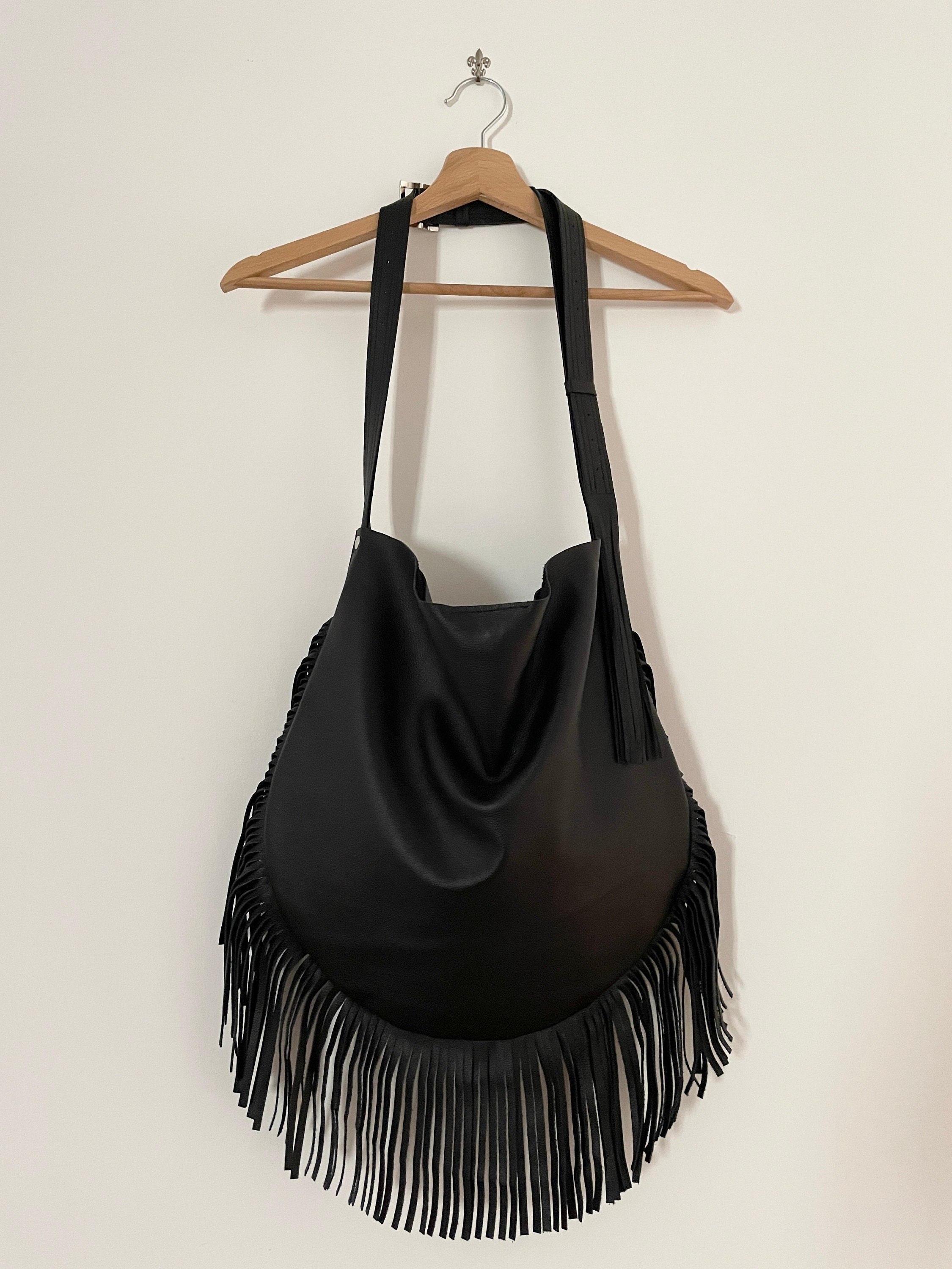 Leather bag fringe, Black leather purse, Leather hobo bag, Fringe crossbody bag, Fringe purse western, Soft leather handbag, BBagdesign