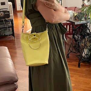 Yellow leather bag, Yellow bucket bag with detachable adjustable shoulder strap