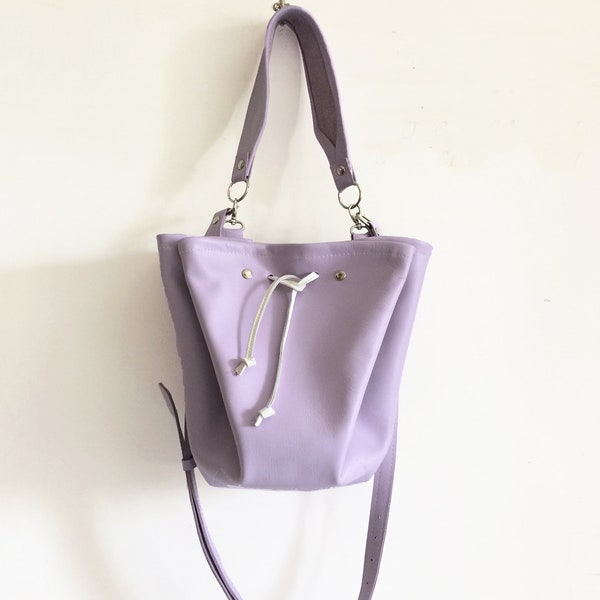 Leather bucket bag, Lilac leather bag, Lilac purse, Crossbody bucket bag, Leather bag women, Leather handle bag, Women summer bag