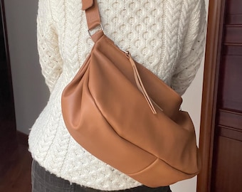 Leather Fanny Pack, Leather Belt Bag, Leather Banana Bag, Camel Leather Bag, Leather Sling Bag, Belt Bag Crossbody, Slouchy Shoulder Bag