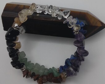 7 Seven Chakra Bracelet Yoga Bracelet, Natural Stone with Silver Memory wire Hamsa Hand Charms, Crystal Healing, Reiki, Gift, Holidays,Ligth