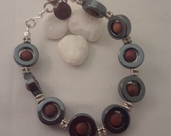 Hematite and Red Onyx Bracelet Stone, Sterling silver, Gift for him, Gift for Mom, Holidays gift, Free shipping, Ready for ship, Best gift