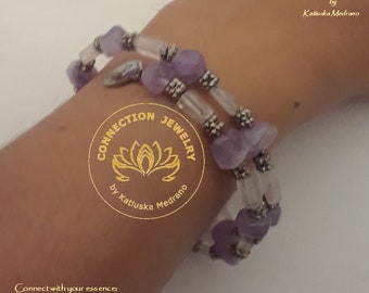 Pure love Memory Wire Bracelet Amethyst, Rose Quartz Gemstone, Sterling Silver, Handmade Jewelry Gift, Christmas, Birthday Gift