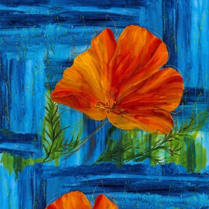 May include: An abstract painting featuring two vibrant orange poppies against a textured blue background. Green leaves and the word "Poppy" in cursive script are also visible. The artwork evokes a sense of nature and floral beauty.