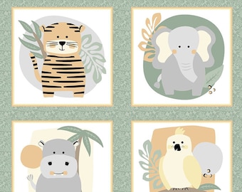 Into the Jungle Fabric Panel in Multi by Henry Glass | Safari Animal Quilt Panel | 896-64