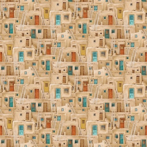 Southwest Vista Adobe Homes, By Deborah Edwards Northcott Studio, Northcott Fabrics,  25631-14 Tan Multi