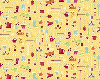 Anna&#39;s Garden Garden Tools Buttercup by Patrick Lose Fabrics | 63800-2430715 | 100% Cotton Quilting Fabric