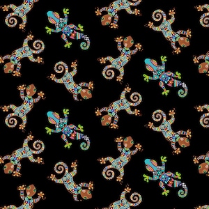 Puede incluir: Un fondo negro con un patrón repetido de geckos estilizados y coloridos. Los geckos están dibujados en un estilo caprichoso con detalles intrincados y colores brillantes.
