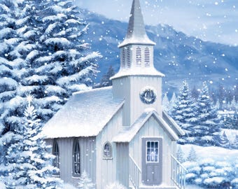 All That Glitters Fabric Panel by Simon Treadwell | 27040G-42 | Northcott | 24" x WOF | Winter Church Scene