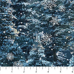 Silent Night Storm Blue Trees and Snowflakes by Abraham Hunter for Northcott | 25389-48