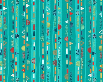 Folk Friends Ceramic Stripes in Teal End of Bolt Yardage 1.92 yards (69 inches) by Andover/Makower UK