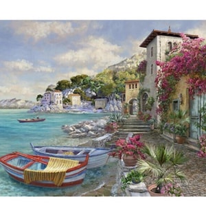 Mediterranean Escape Impressionist Painting Fabric Panel 33 x 43 by Hoffman Fabrics | Quilting Cotton | U5101-650