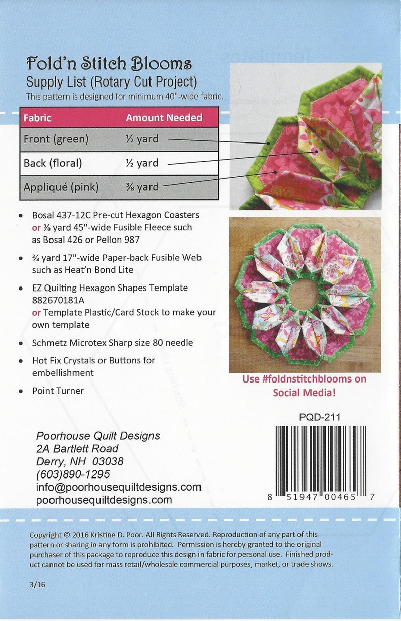 Fold/'n Stitch Blooms Pattern by Poorhouse Quit Designs PQD-211 *Domestic 1st Class Shipping Only 1.50!*