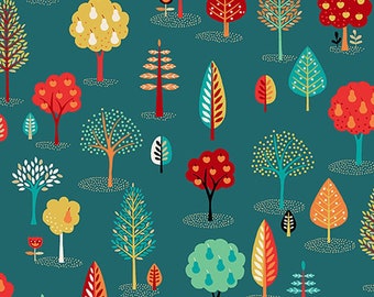 Folk Friends Trees in Teal End of Bolt Yardage 66 inches (1.83 yards) by Andover/Makower UK *Free Domestic Shipping*