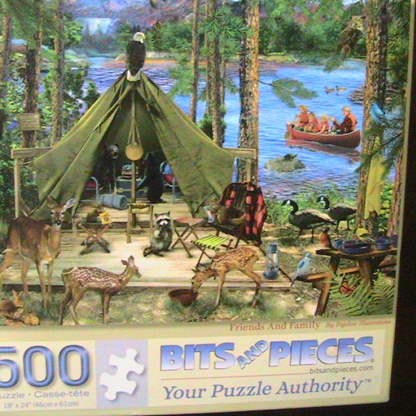 Jigsaw Puzzle, 500 Pc. Bits & Pieces Puzzle Titled Friends and Family, Woodland Camping Jigsaw Puzzle, Complete