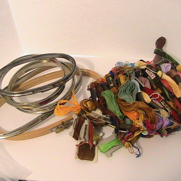 Vintage Embroidery Hoops and Assorted Embroidery Thread Lot