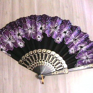 Hand fan, Lightweight Black with Purple Floral Folding Hand Fan